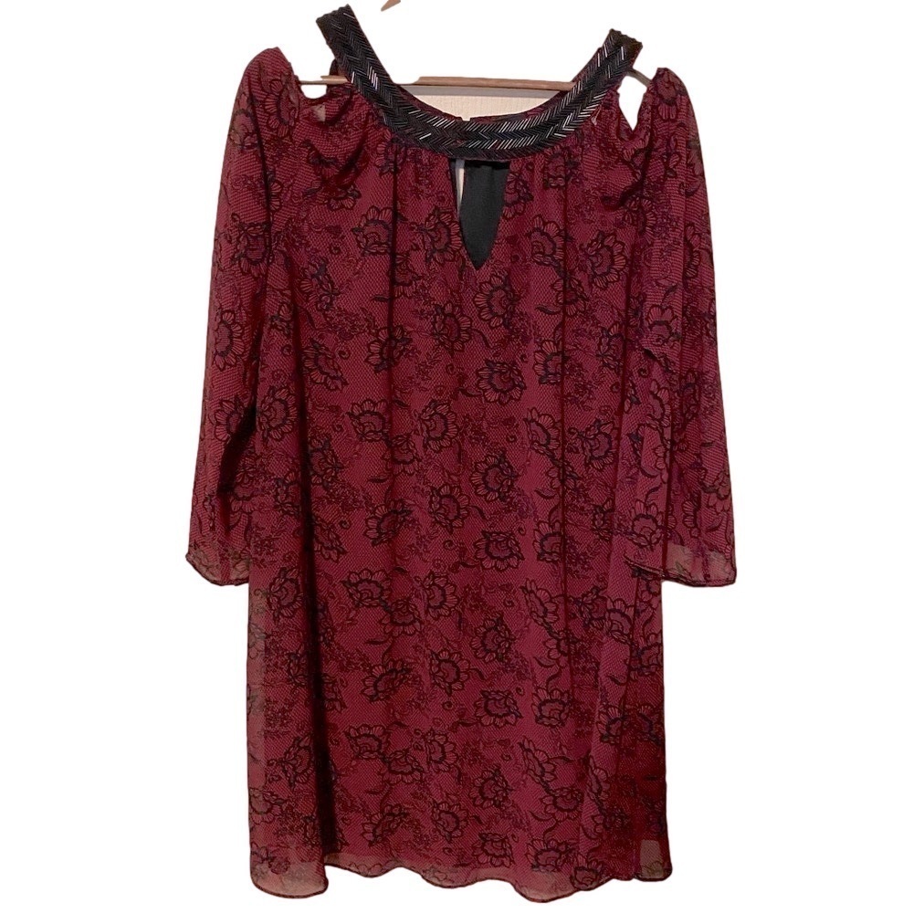 Holiday dress. Beaded detail at neck and cuff. Cold shoulder. XL
